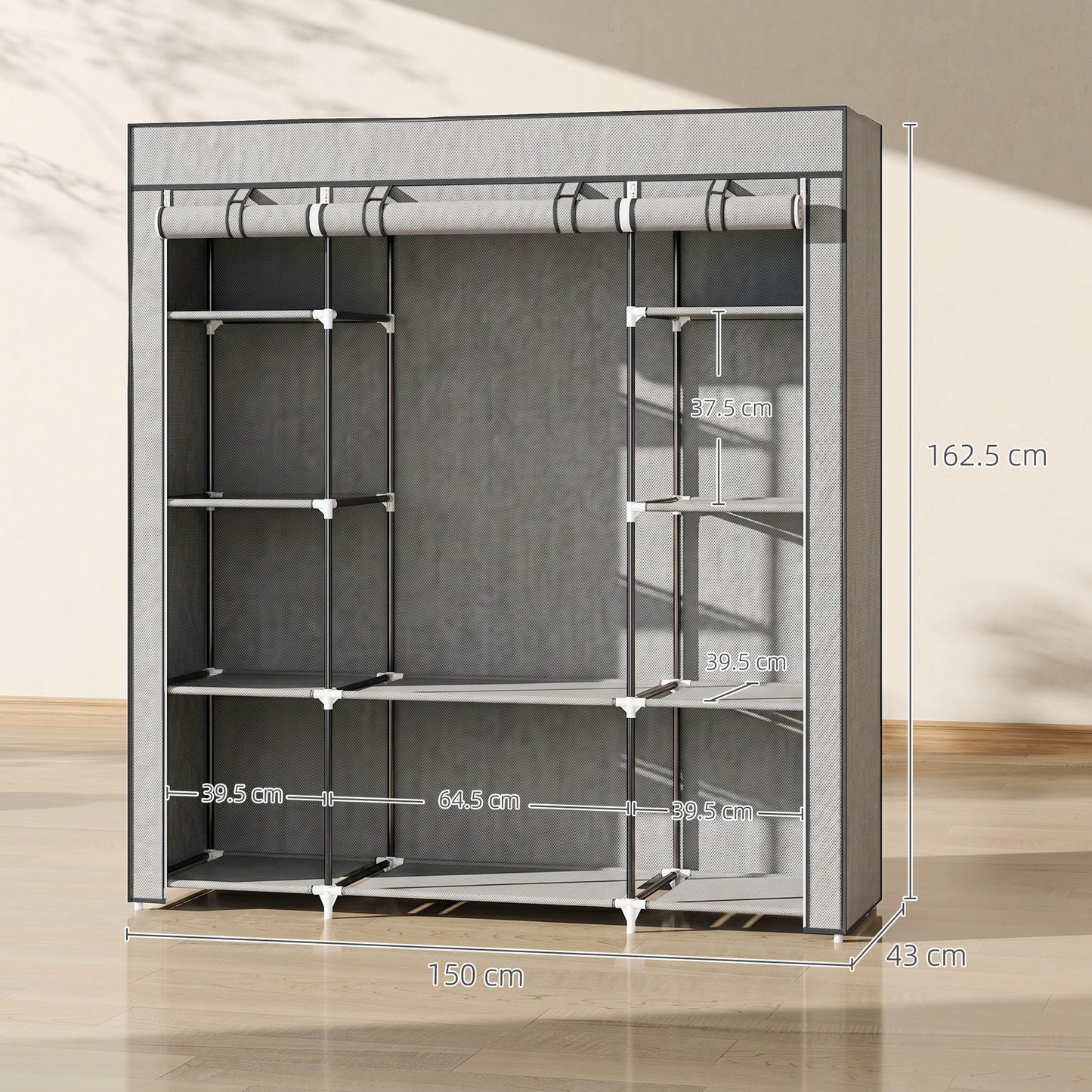 HOMCOM Clothes Storage Organiser With Hanging Rail And Shelves Portable Wardrobe Foldable Fabric Wardrobe Light Grey