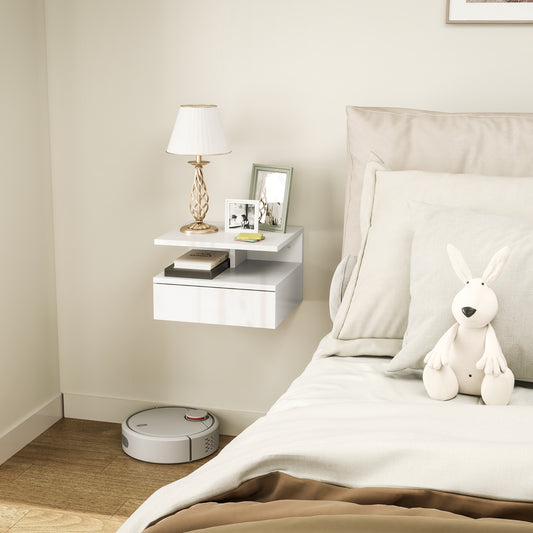 HOMCOM Floating High Gloss White Bedside Table With Pull Out Drawer And Open Shelf Wall Mounted Nightstand