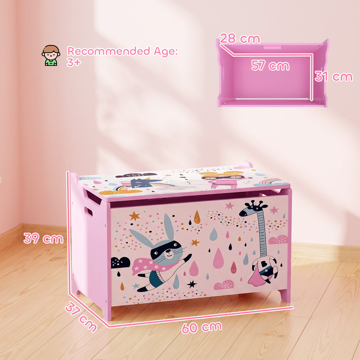 Pink wooden toy chest with flip-top lid, front view with size measurements