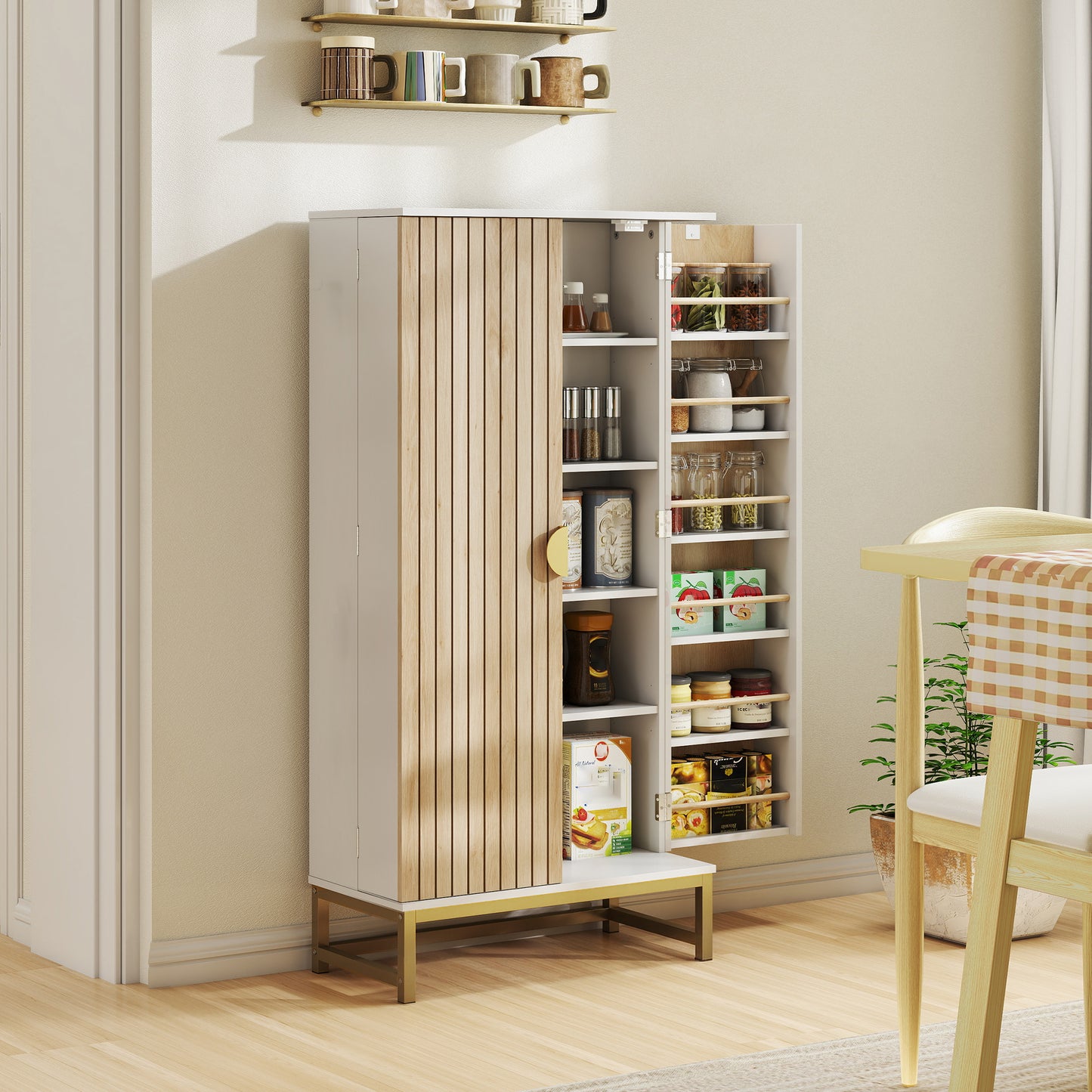 HOMCOM 119.5 cm Freestanding Kitchen Cabinet With Double Doors, 5 Tiers, 12 Spice Racks, White