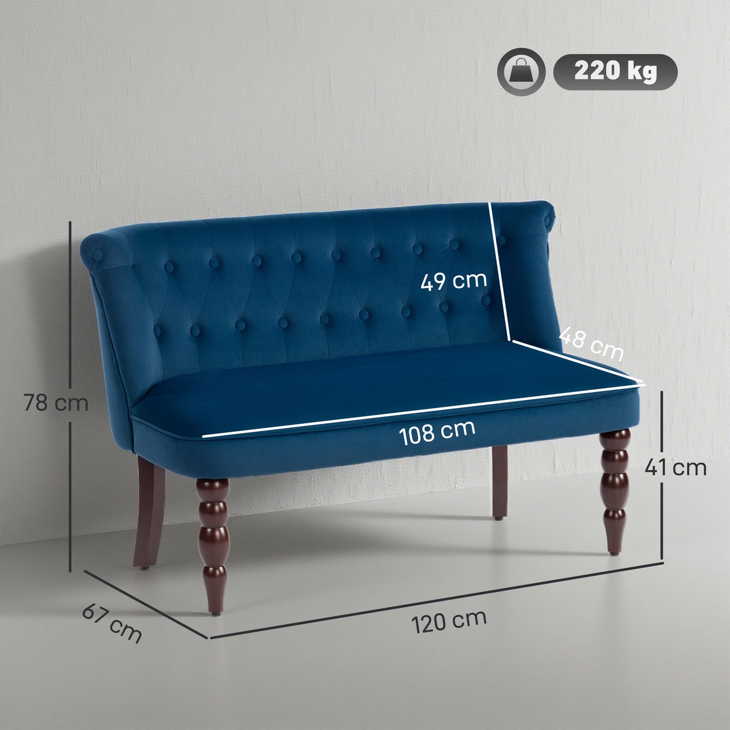 HOMCOM Velvet 2 Seater Sofa Button Tufted Wingback Loveseat Rubber Wood Legs Dark Blue for Living Room Bedroom