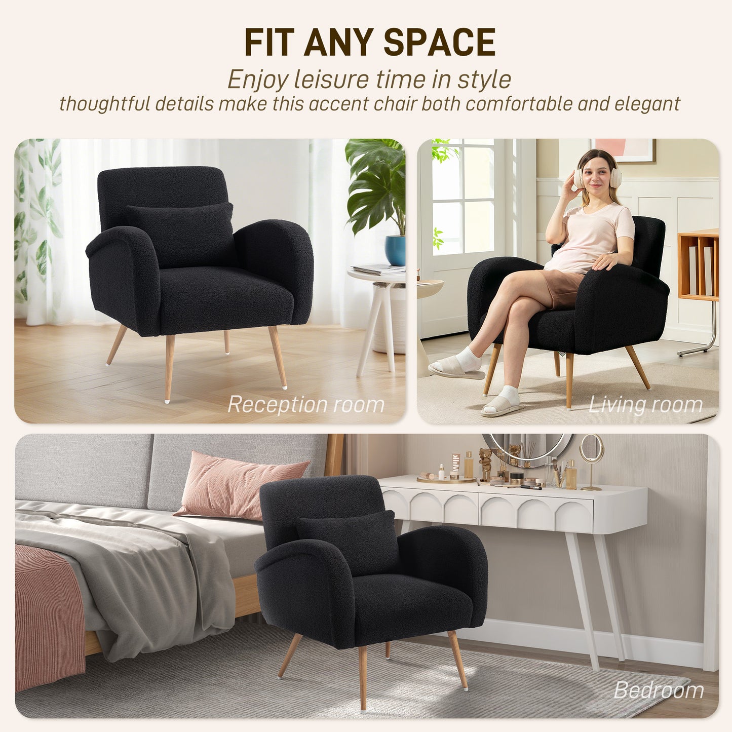 HOMCOM Teddy Fleece Accent Chair Black With Foam Padding And Metal Legs Wood Effect Finish