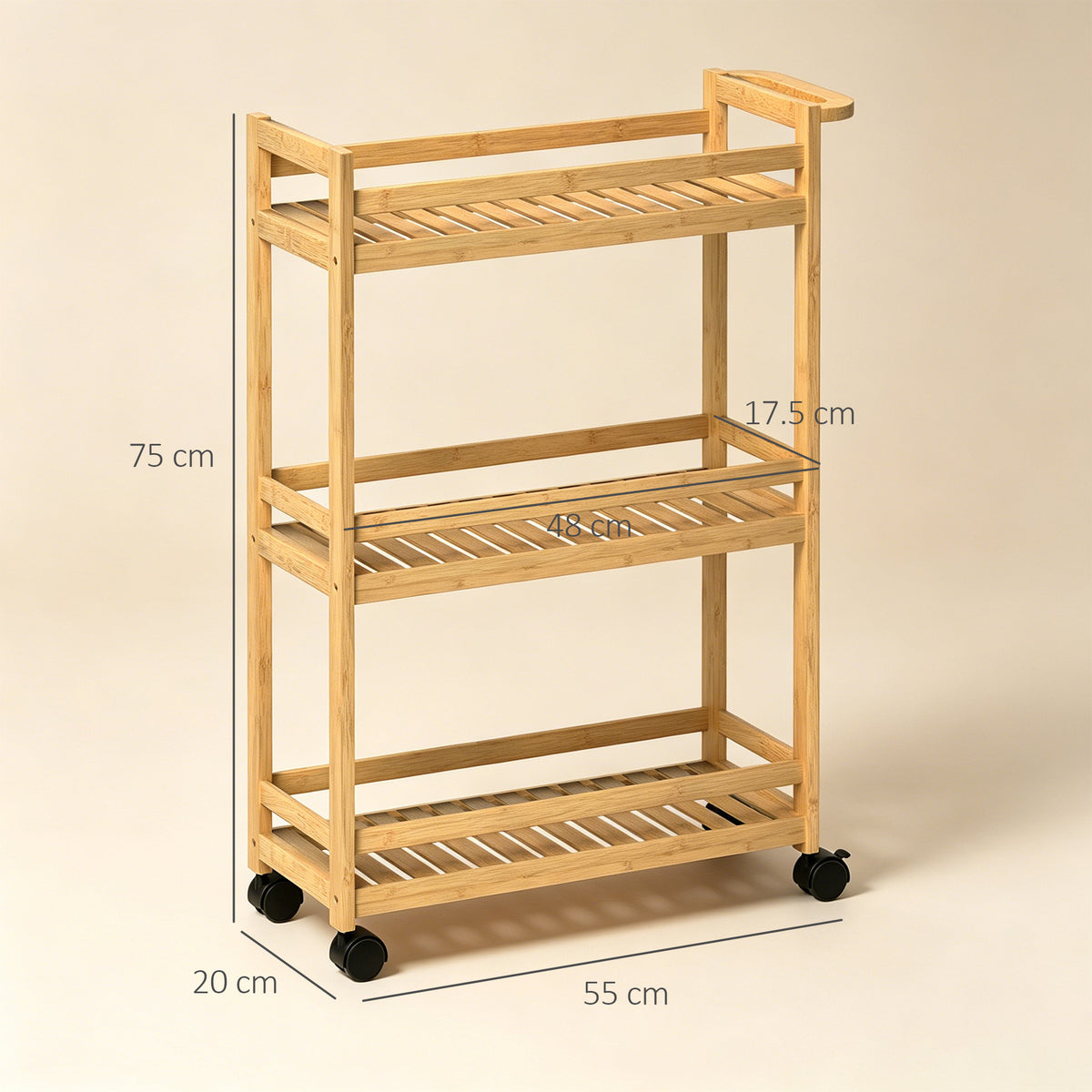 Bamboo 3-tier storage trolley showing measurements and rolling caster wheels