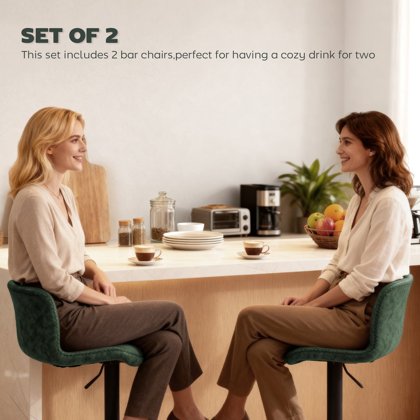 HOMCOM Bar Stools Set Of 2 Green PU Leather Backrest And Footrest Adjustable Breakfast Bar Kitchen Counter Barstools