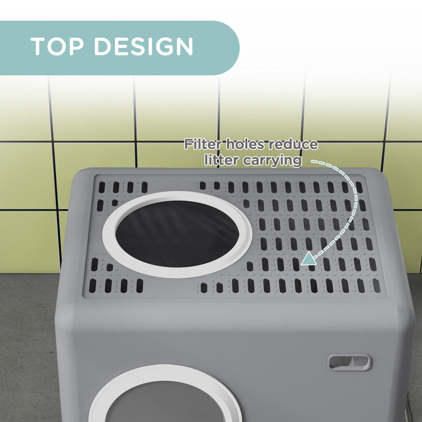 PawHut Cat Litter Box Enclosed with Lid Front Entry Top Exit, Drawer Tray, Scoop, 52L x 41W x 38.5Hcm - Grey - ALL4U RETAILER LTD