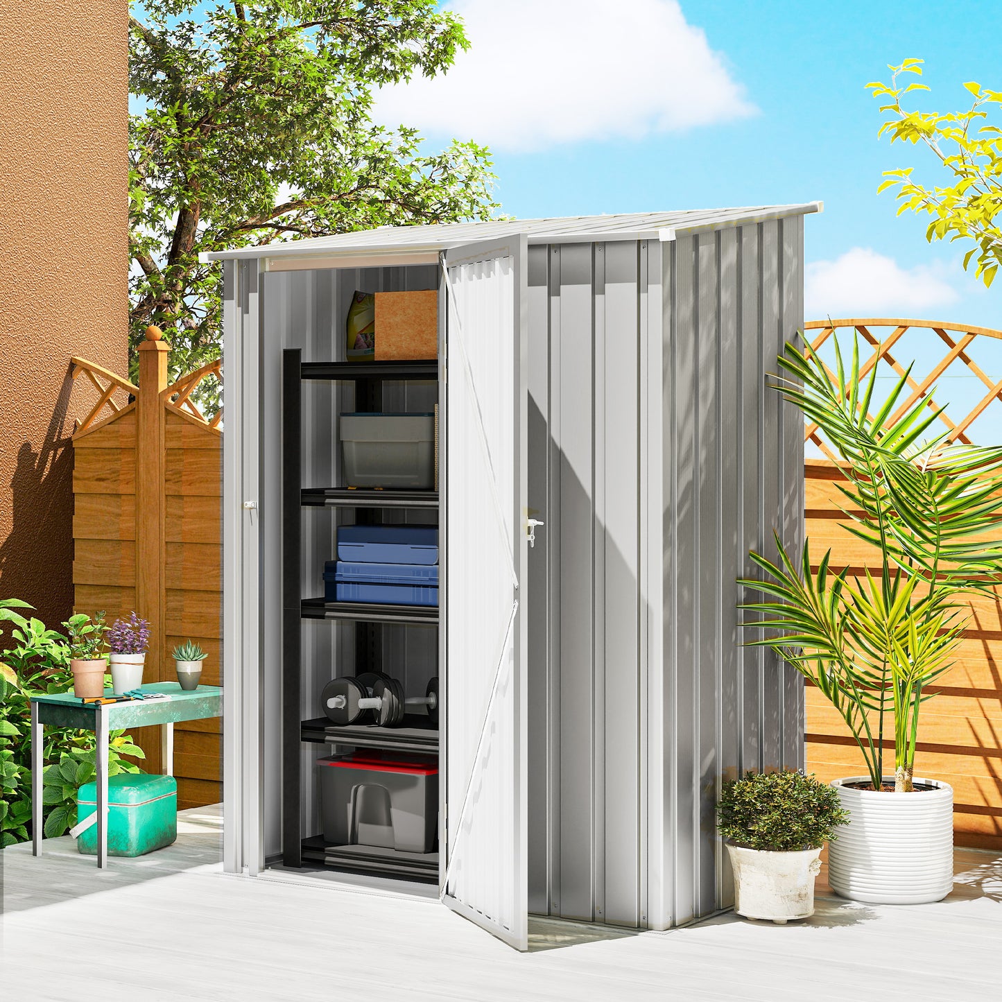 Outsunny 5ft by 3ft Garden Storage Shed Metal Outdoor Shed With Sloped Roof Aluminium Grey Weather Resistant