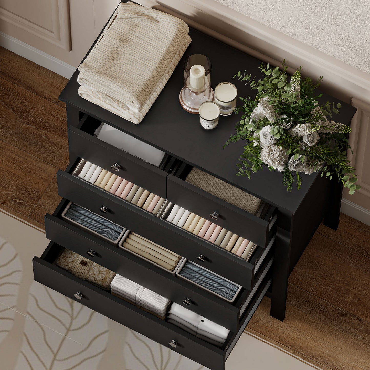HOMCOM Five Drawer Dresser Chest of Drawers in Black for Bedroom Living Room Hallway with Round Knobs