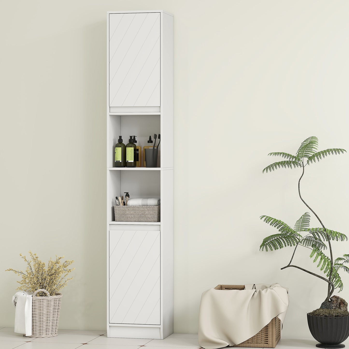 HOMCOM Narrow White Bathroom Cabinet Slim Storage Unit with Open Compartments and Adjustable Shelves 30 x 24 x 170 cm