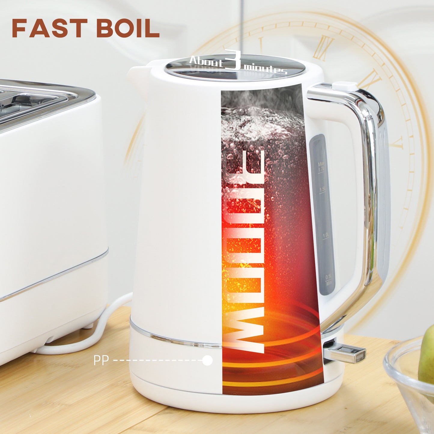 HOMCOM Kettle and Toaster Set 1.7L 3000W Boil Kettle and 2 Slice Toaster White with 6 Browning Levels Defrost Reheat