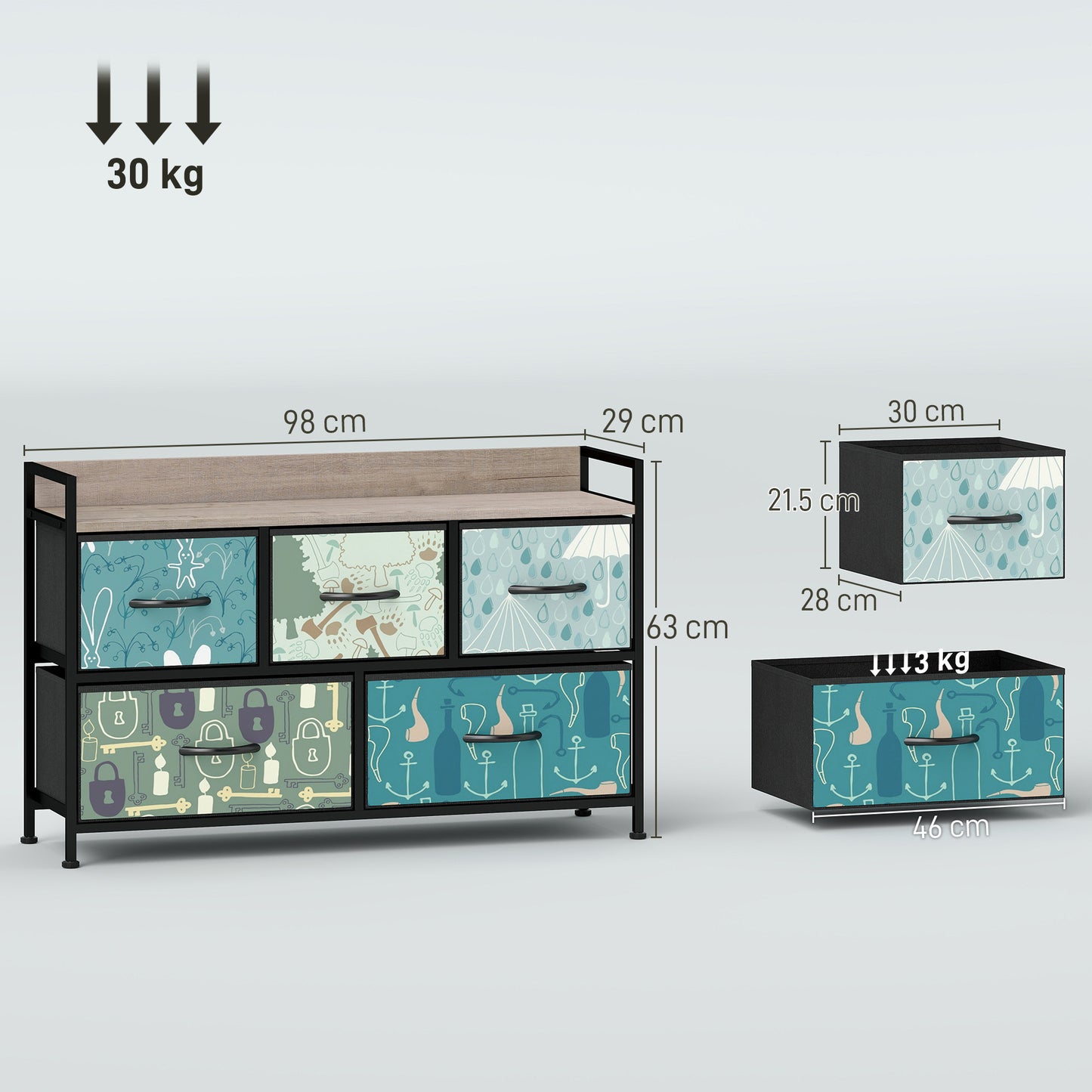 HOMCOM Five Drawer Chest Of Drawers In Blue With Removable Foldable Fabric Drawers For Bedroom Organization