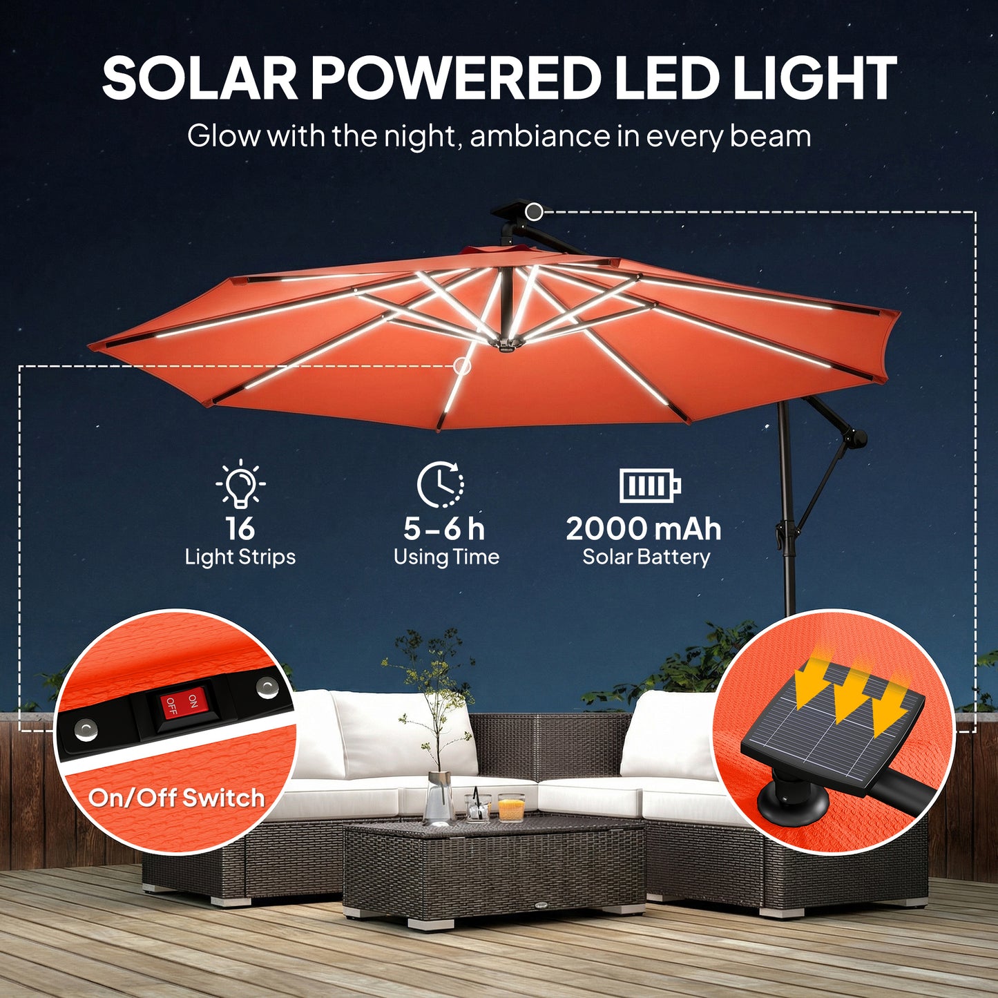 Outsunny 3 m Cantilever Garden Parasol With LED Solar Lights Round Umbrella 360 Degree Rotation Cover Orange