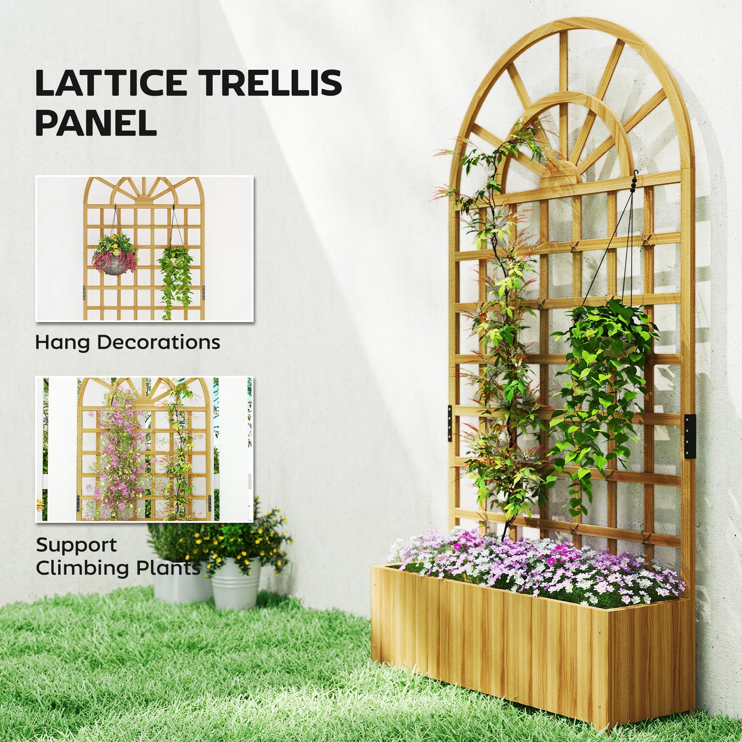Outsunny Wooden Raised Planter With Trellis Garden Bed For Climbing Plants Weather Resistant Fir Wood