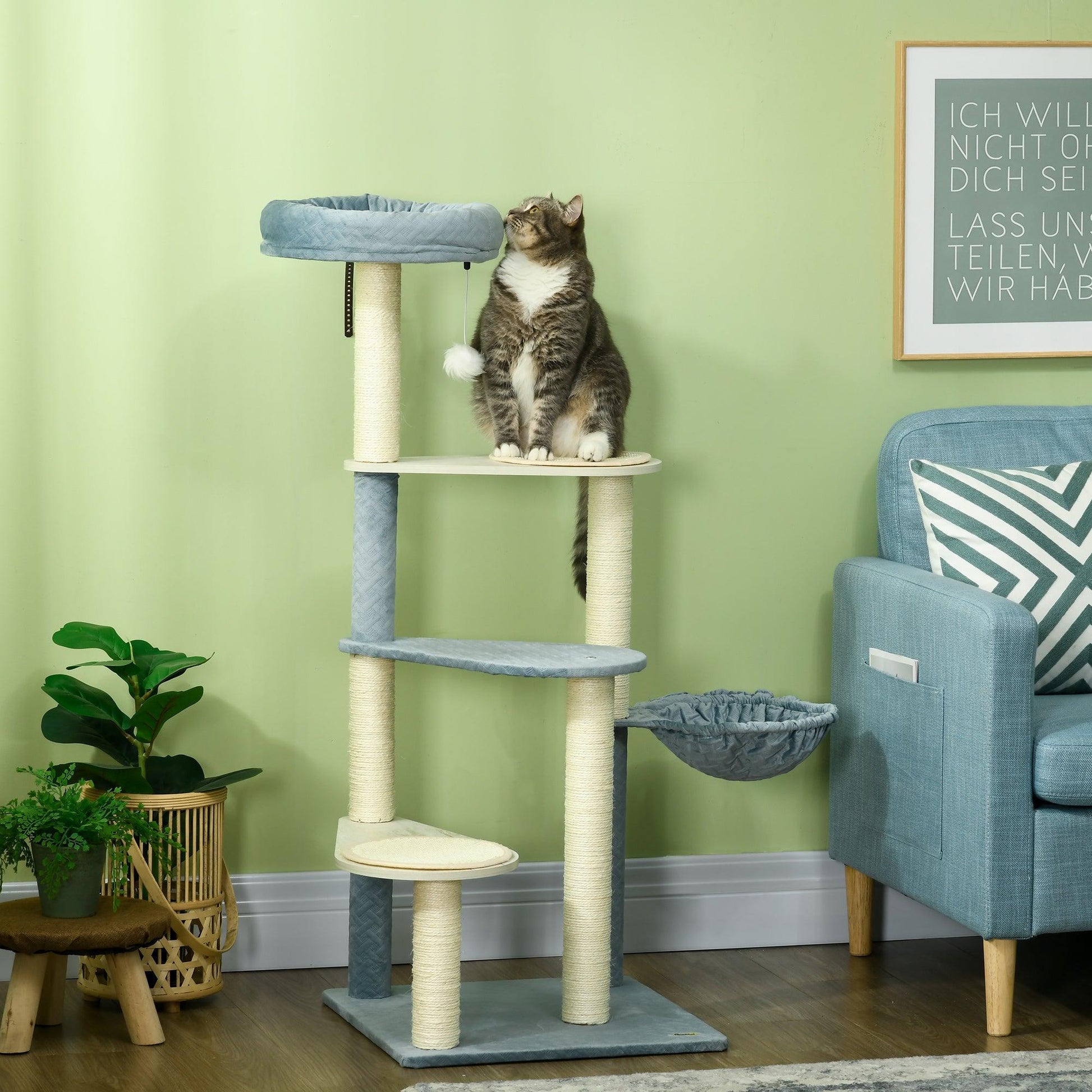 PawHut Wooden Cat Tree Climbing Tower with Scratching Post Hammock - Blue - ALL4U RETAILER LTD