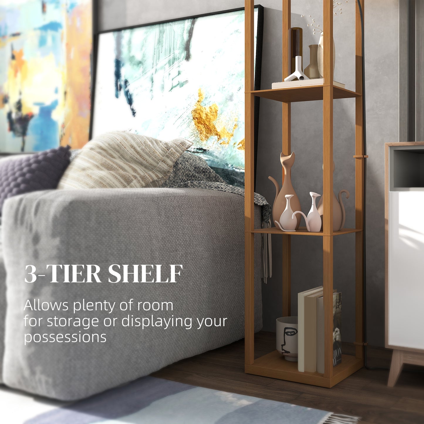 HOMCOM Three Shelf Standing Lamp Natural Wood Finish Tall Narrow Design With Overhead Reading Light And Storage