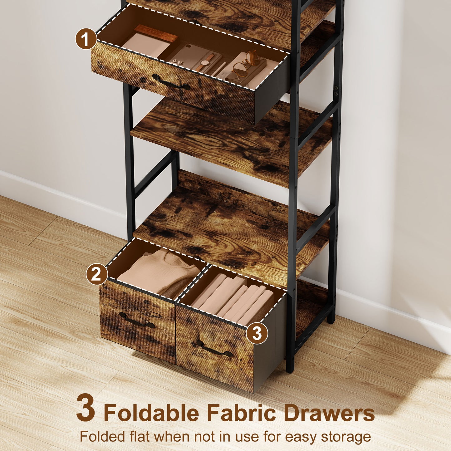 HOMCOM Industrial Style Bookcase With 4 Shelves And 3 Fabric Drawers Brown Black
