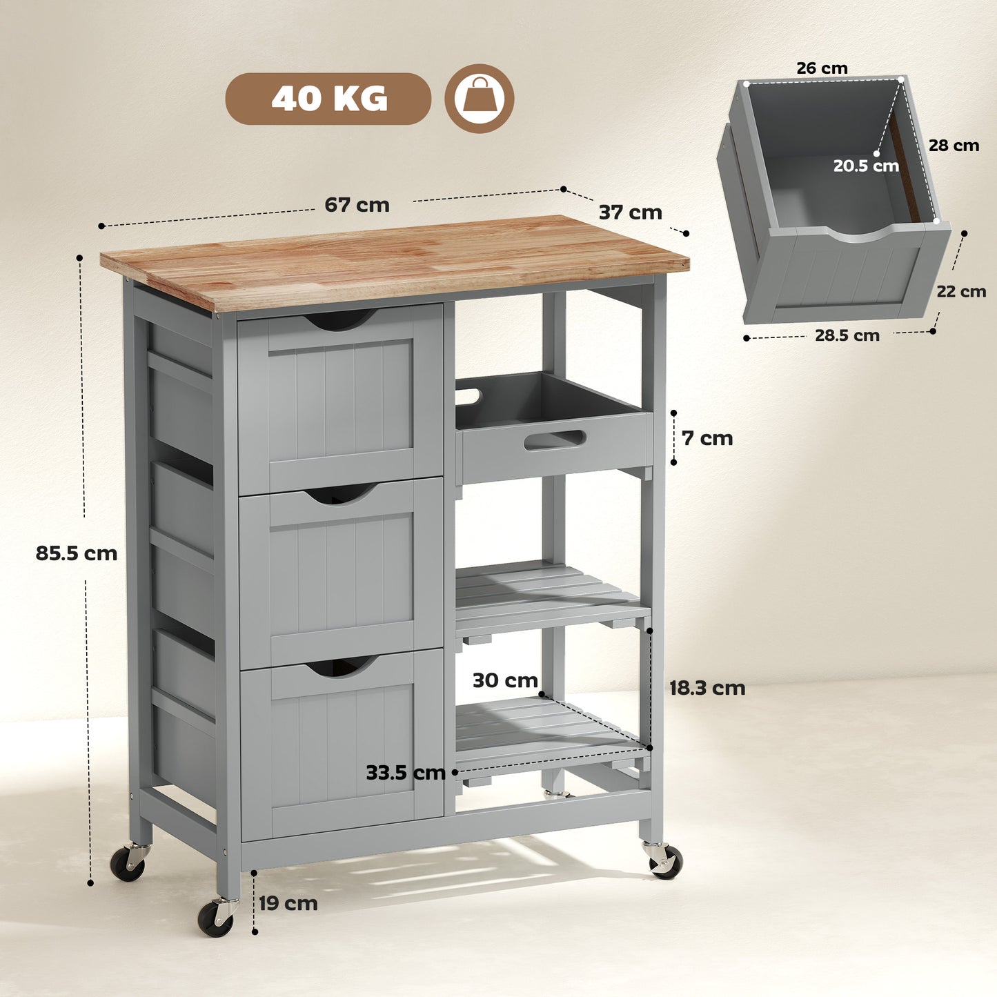 HOMCOM Rolling Kitchen Island Cart With Wood Top Grey Bar Serving Cart On Wheels Shelves And Drawers