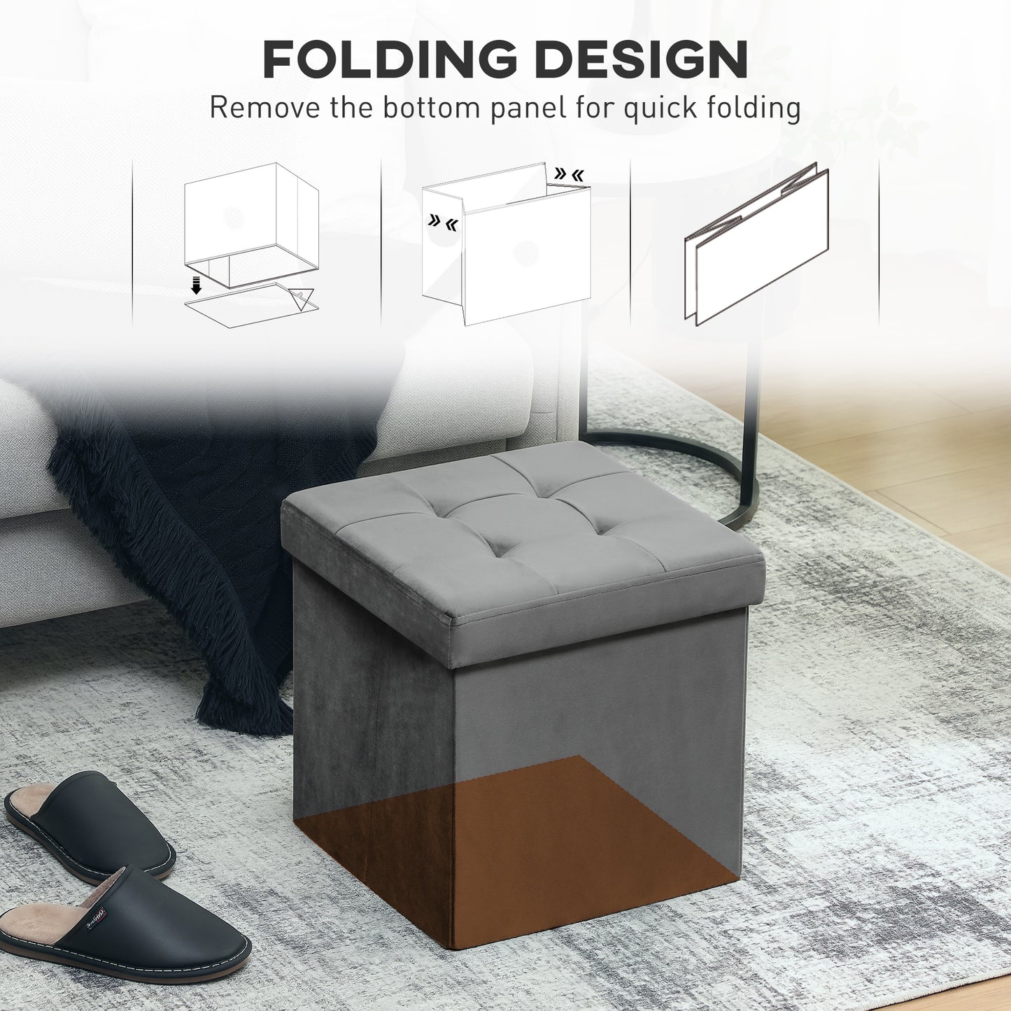 HOMCOM Foldable Velvet Feel Storage Ottoman Grey With High Density Foam And Hidden Space Saving Storage Box