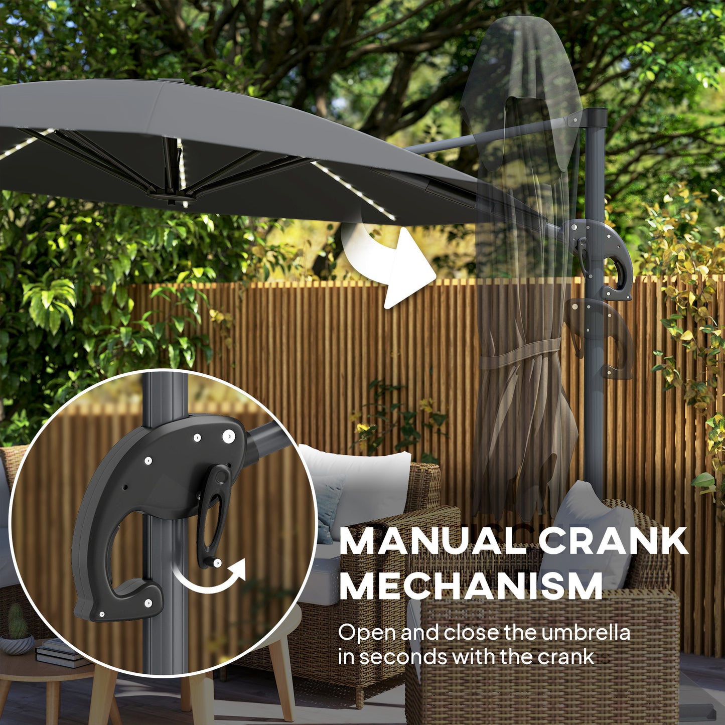 Outsunny 3m Cantilever Garden Parasol With Solar Powered Lights Cross Base UPF 50 360 Degree Rotation Dark Grey