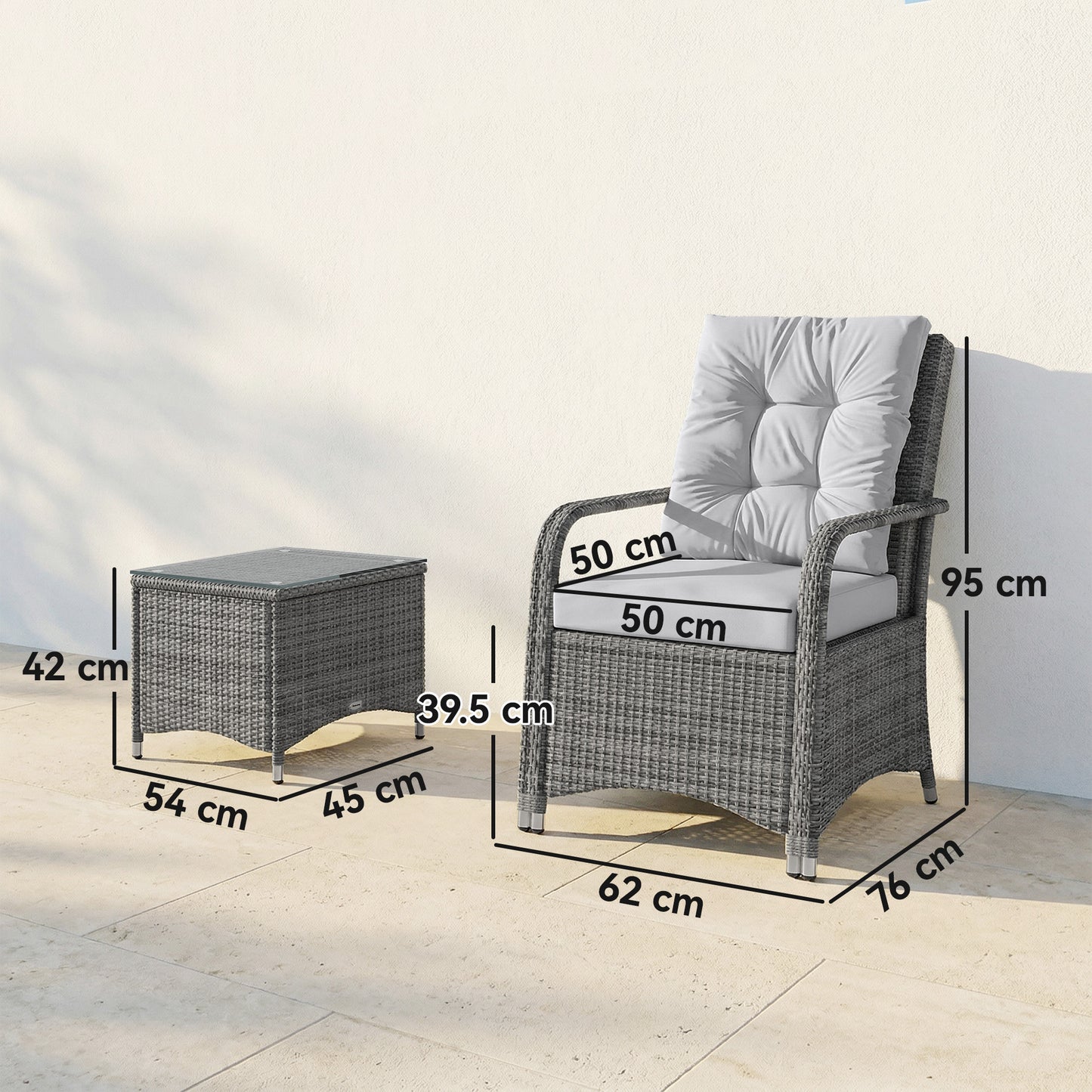 Outsunny Outdoor 3 Piece Rattan Bistro Set With Metal Frame And Glass Top Coffee Table In Light Grey