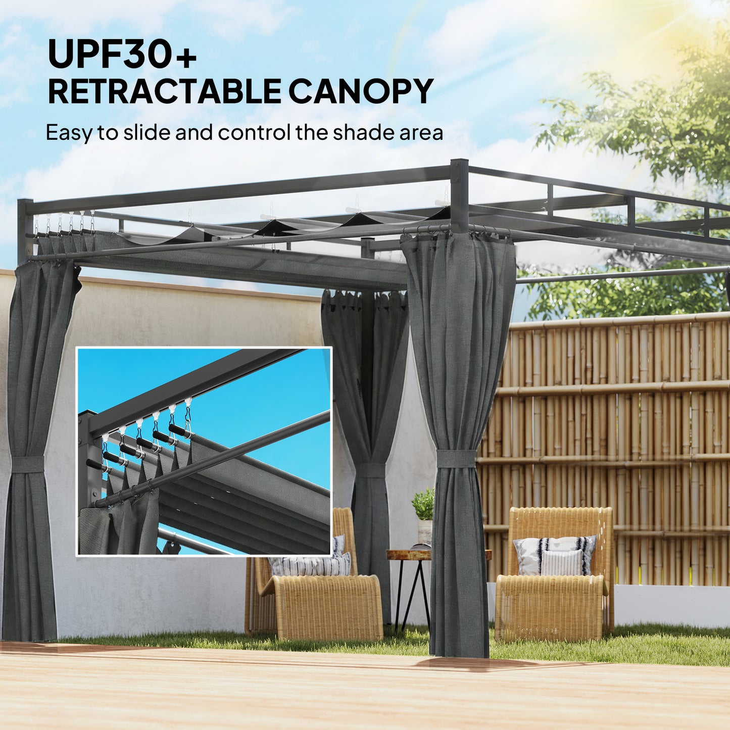 Outsunny 3x3 m Pergola With Retractable Roof Canopy And Curtains UPF30+ Metal Frame Garden Gazebo Sun Shade Dark Grey