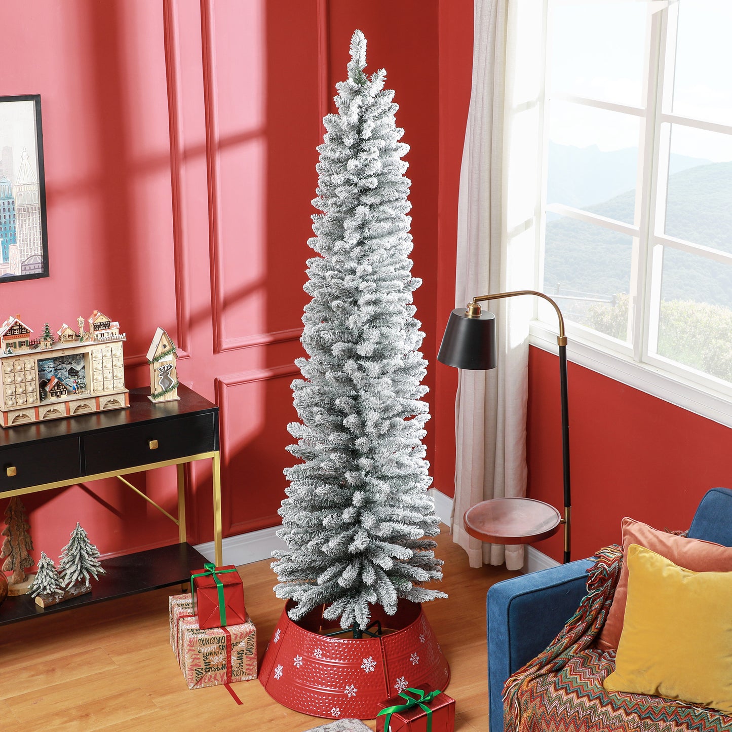 HOMCOM Slim 7ft Snow Flocked Artificial Christmas Tree with 405 Tips and Metal Base - ALL4U RETAILER LTD