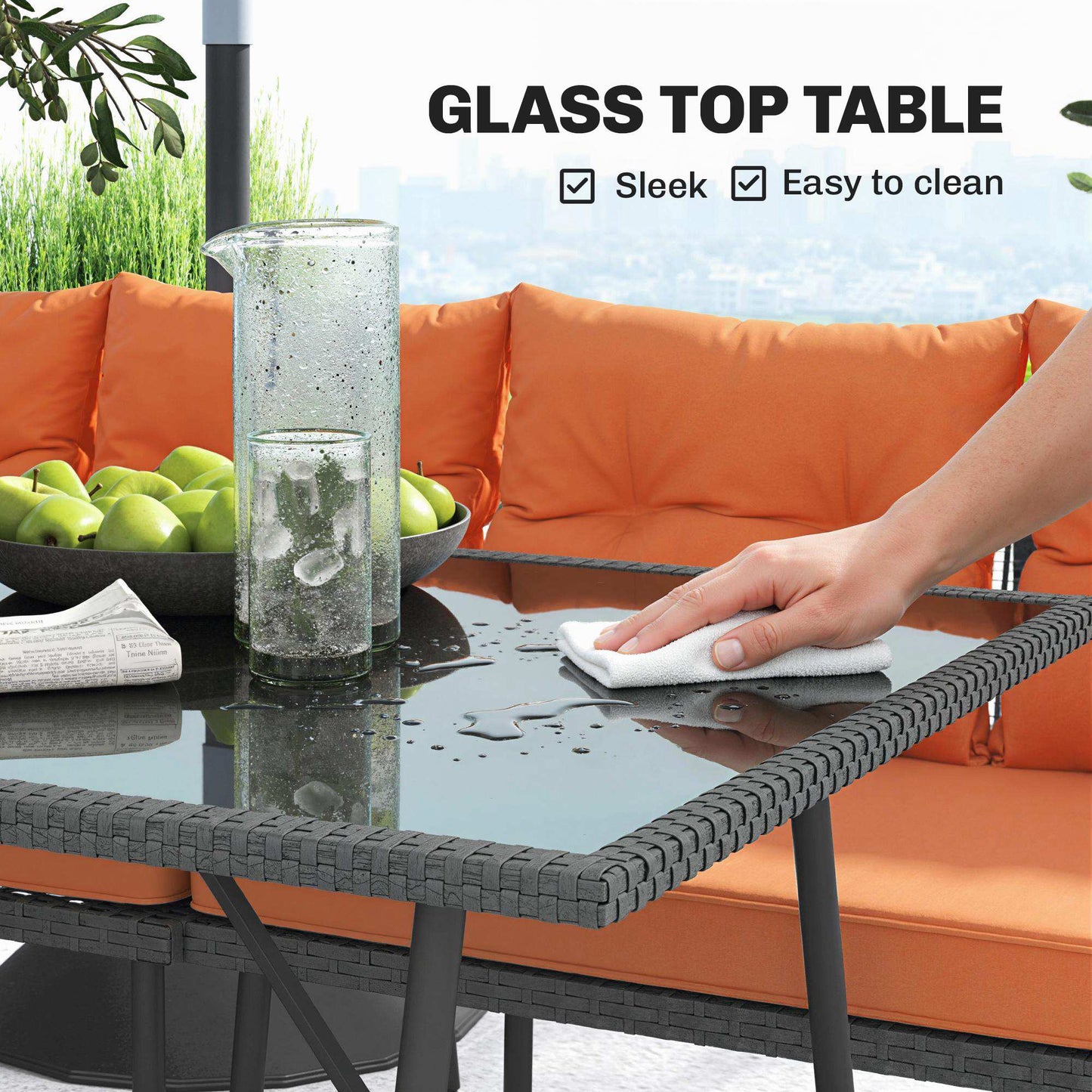 Outsunny 6 Piece Rattan Garden Furniture Set 8 Seater With Corner Sofa Cushions And Glass Top Table Orange