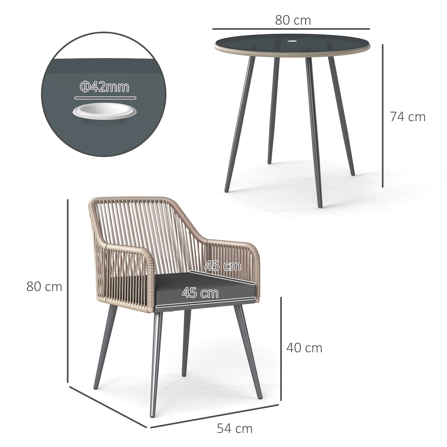 Outsunny 4 Seater Rattan Dining Set With Parasol Hole Round Glass Top Table And Cushioned Chairs Light Brown