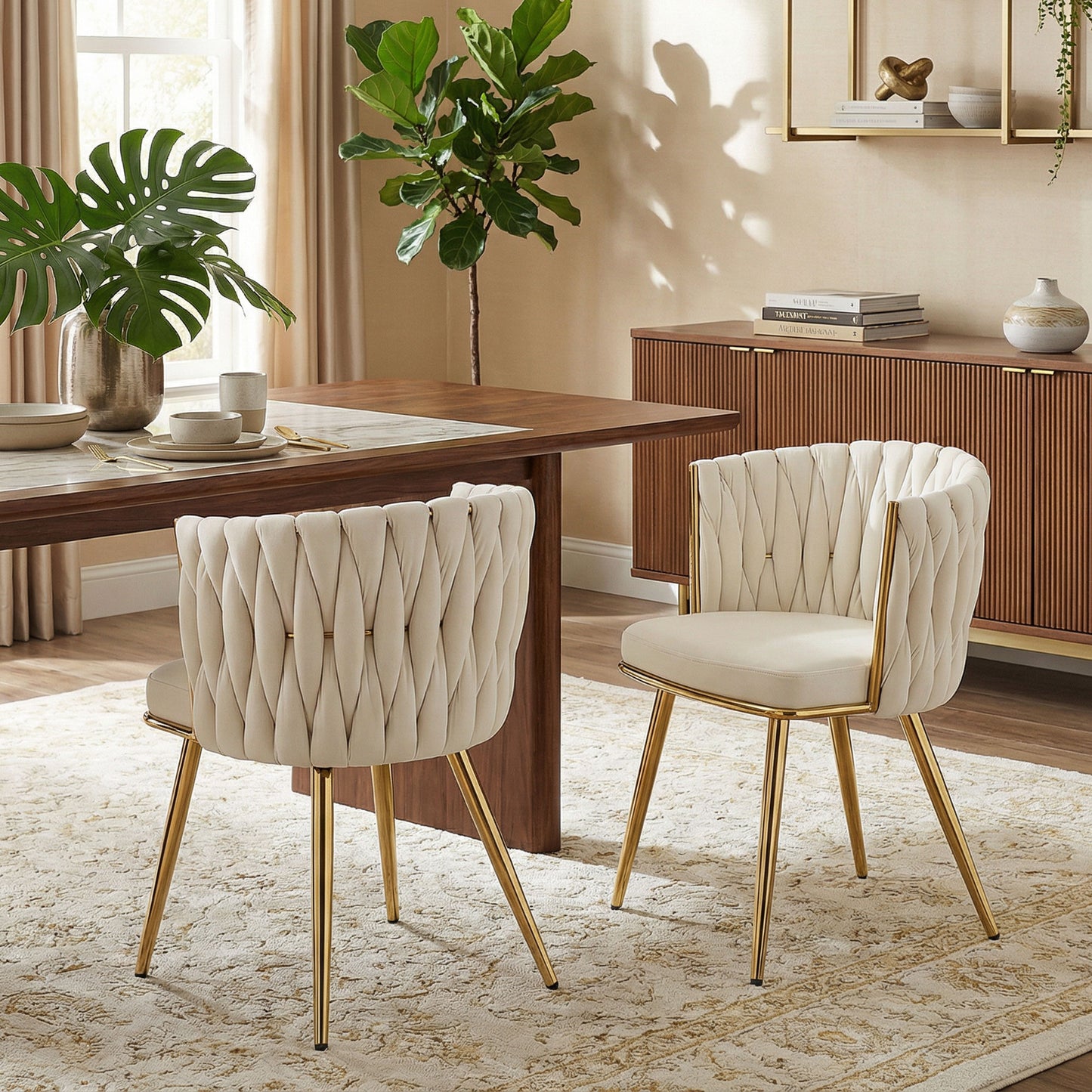 HOMCOM Velvet Feel Dining Chairs Set Of 2 With Knot Back And Gold Metal Legs Modern Upholstered Armchairs Cream