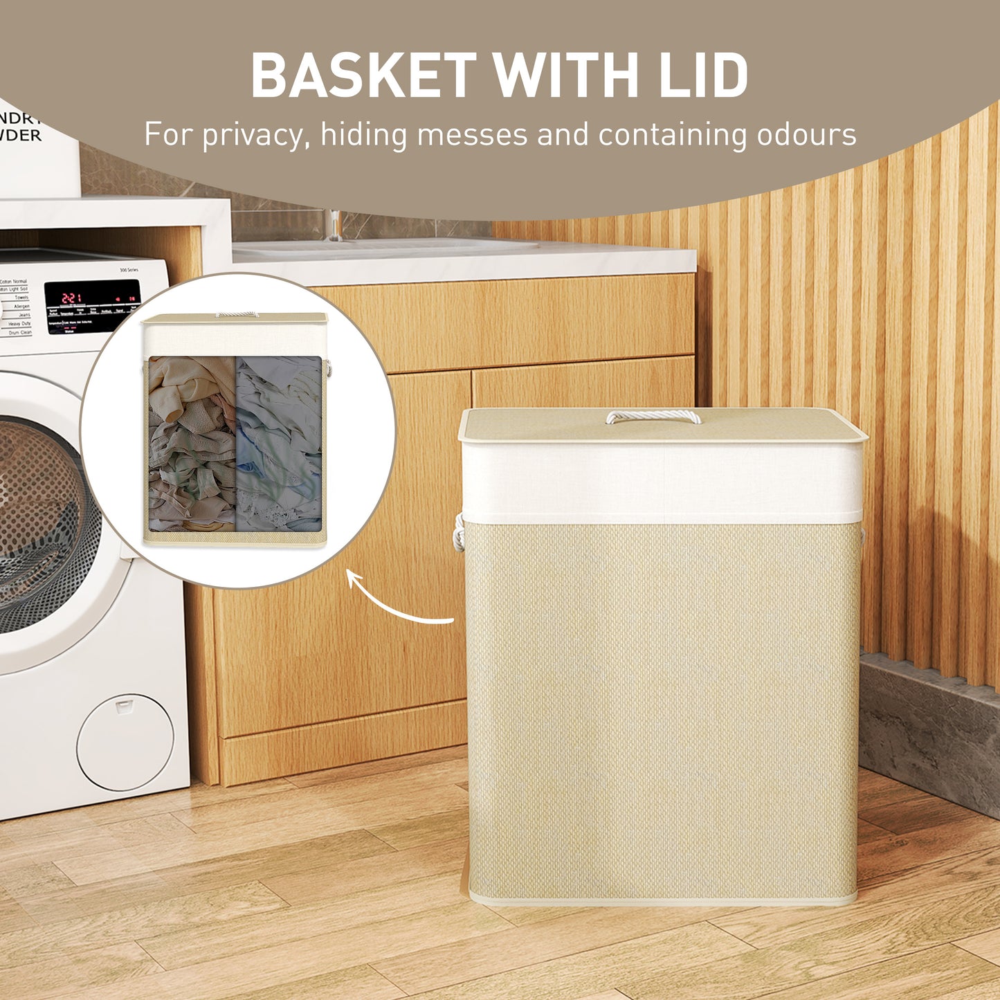 HOMCOM Double Laundry Hamper With Lid 100L Bamboo Basket With Rope Handles And Removable Liner Cream White