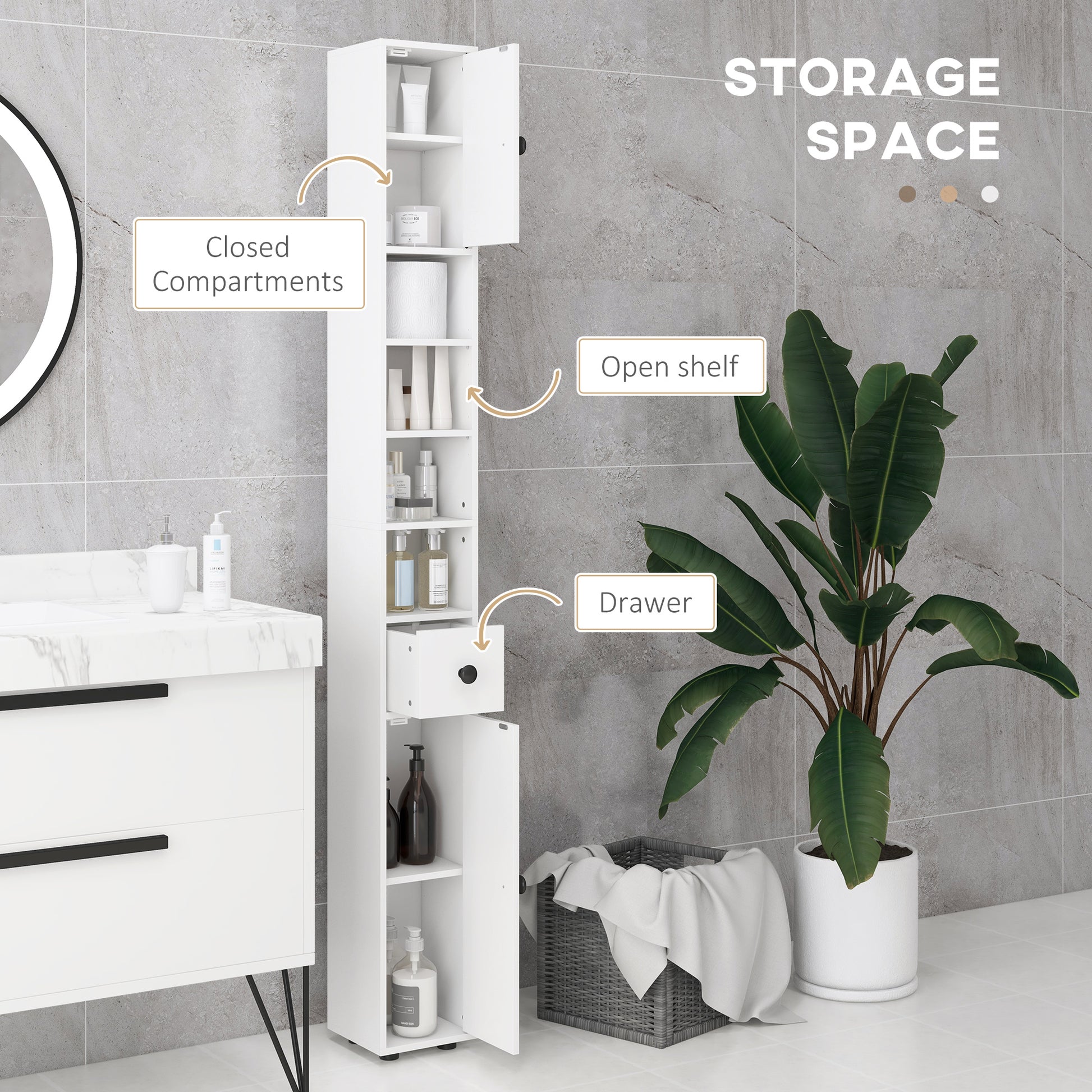 Kleankin 180cm Tall Slim Bathroom Cabinet Narrow Toilet Roll Storage Open Shelves 2 Door Cabinets Adjustable Shelves Kitchen White - ALL4U RETAILER LTD