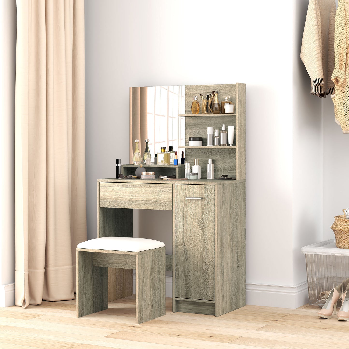 HOMCOM Dressing Table And Stool Set With Storage Mirror Drawer And Cupboard With Wood Effect Finish