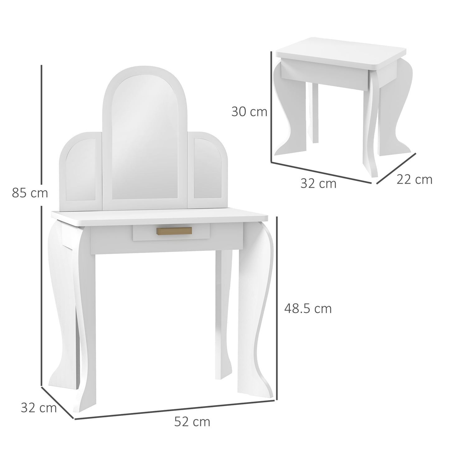 HOMCOM Kids Dressing Table Set With Mirror And Drawer White Vanity Desk for Girls