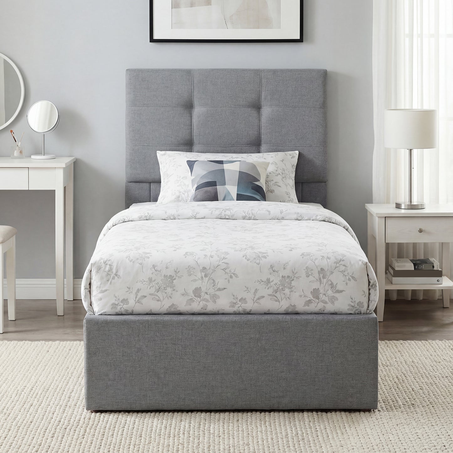 HOMCOM 3Ft Single Ottoman Bed With Gas Lift Storage Grey Upholstered Bed Frame For Small Rooms