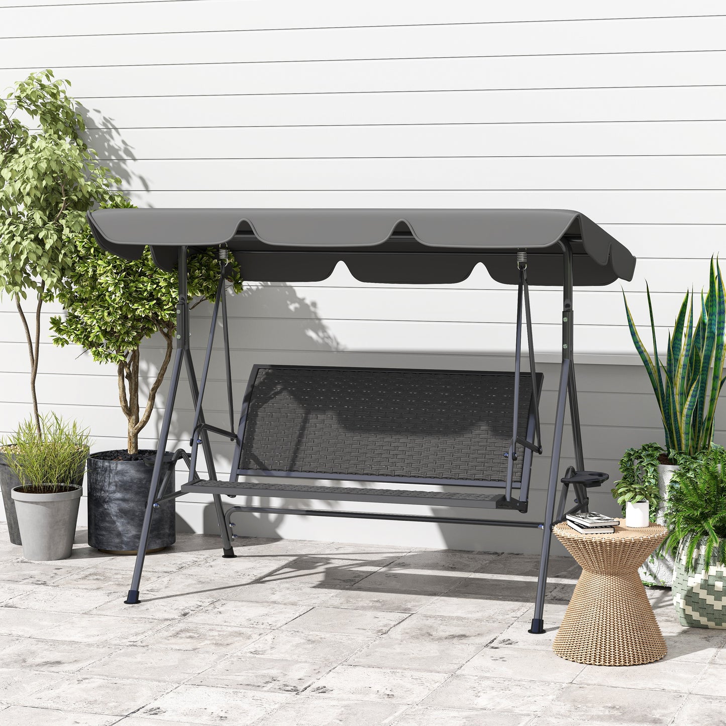 Outsunny 3 Seater Swing Chair With Adjustable Canopy Rattan Seat And Steel Frame For Patio Garden Grey