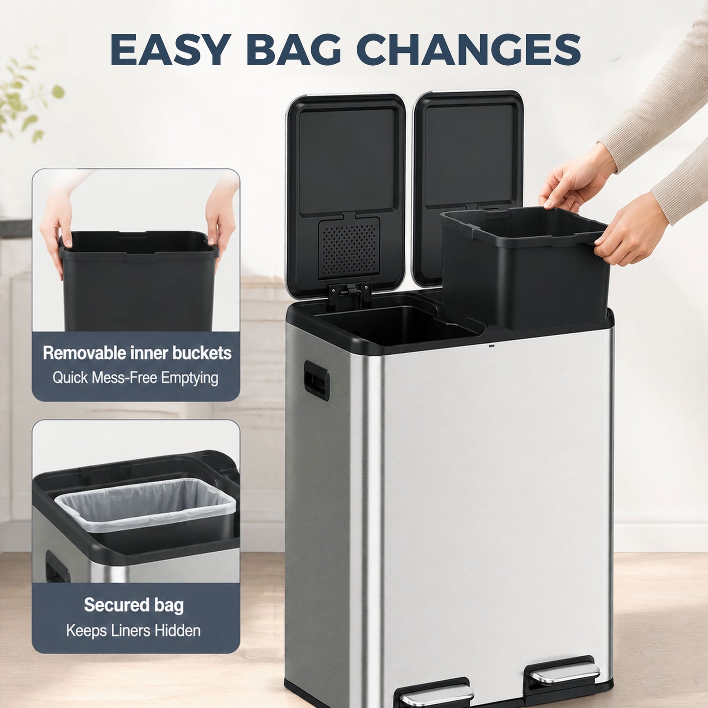 Homcom Dual Compartment Kitchen Waste Bin 60L Stainless Steel Pedal Soft Close