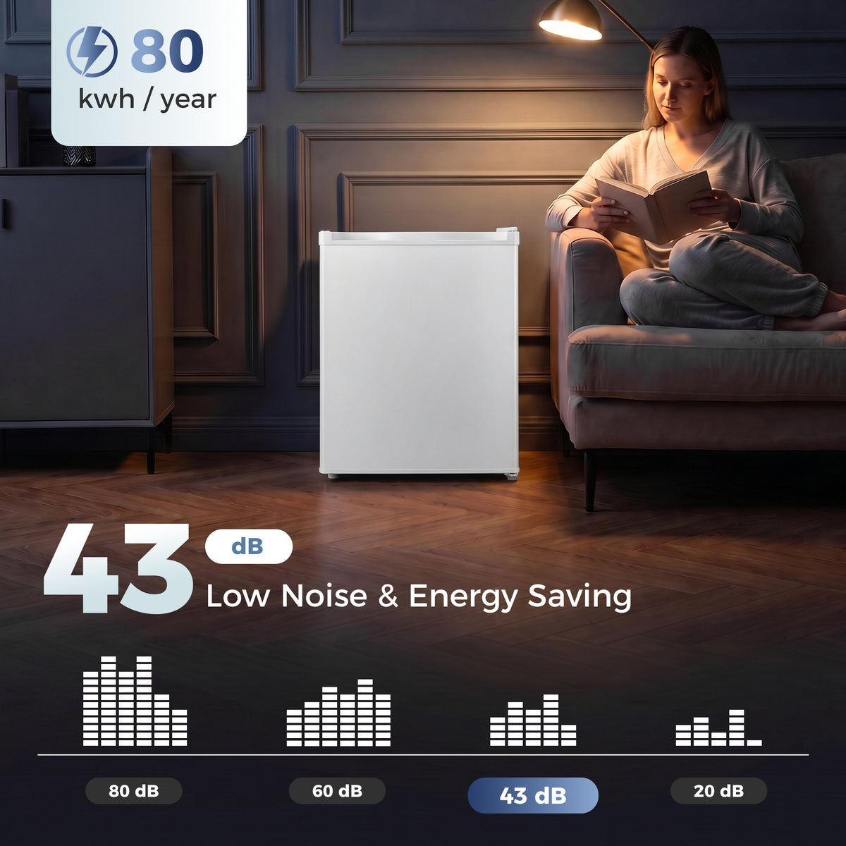 White mini fridge with chiller box in a dark room, person seated and reading.