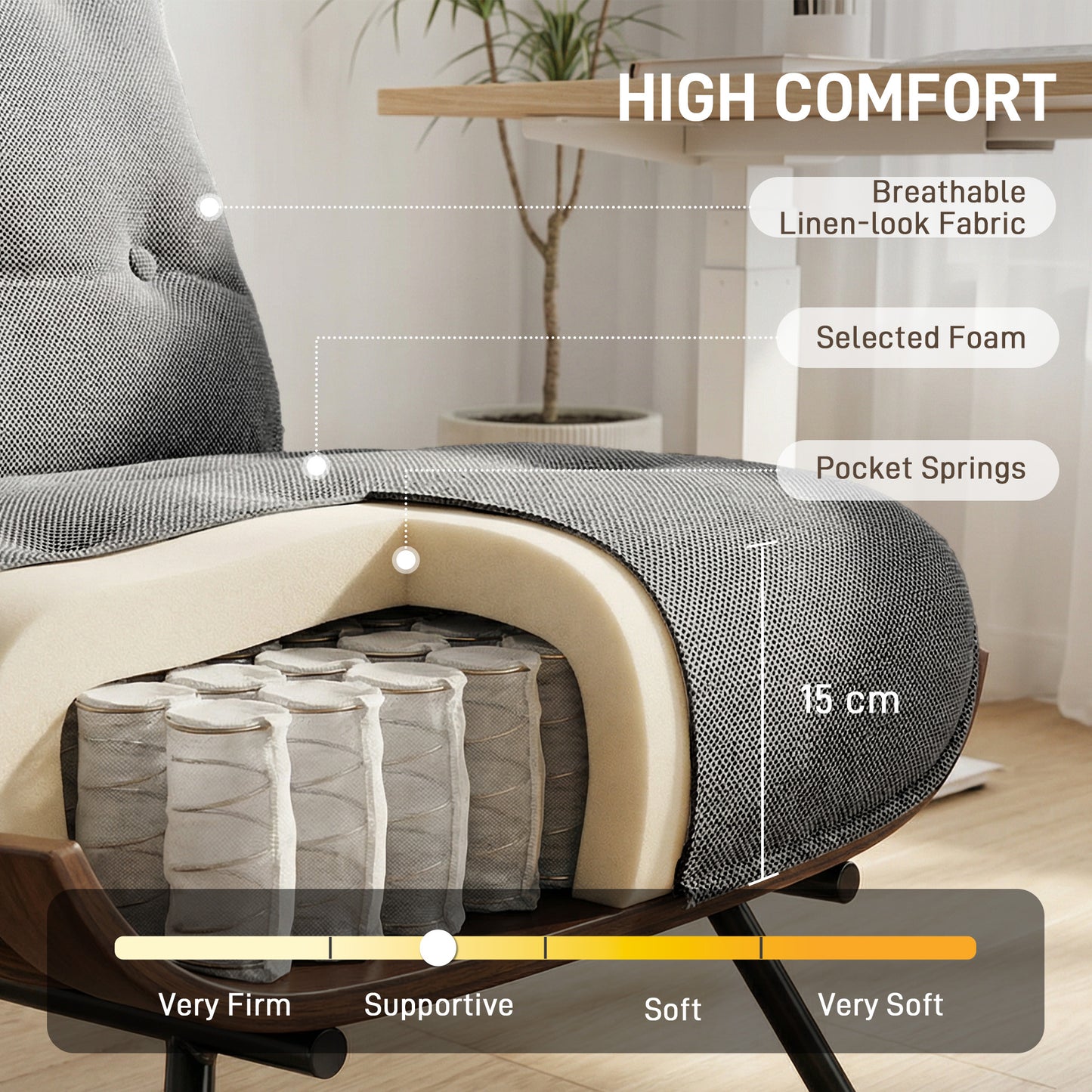 HOMCOM Accent Chair Linen Look Fabric Reading Chair With Pocket Spring Cushions Slatted Support Steel Frame Dark Grey
