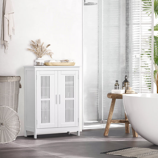 Modern white bathroom storage cabinet with slatted doors beside shower and freestanding tub