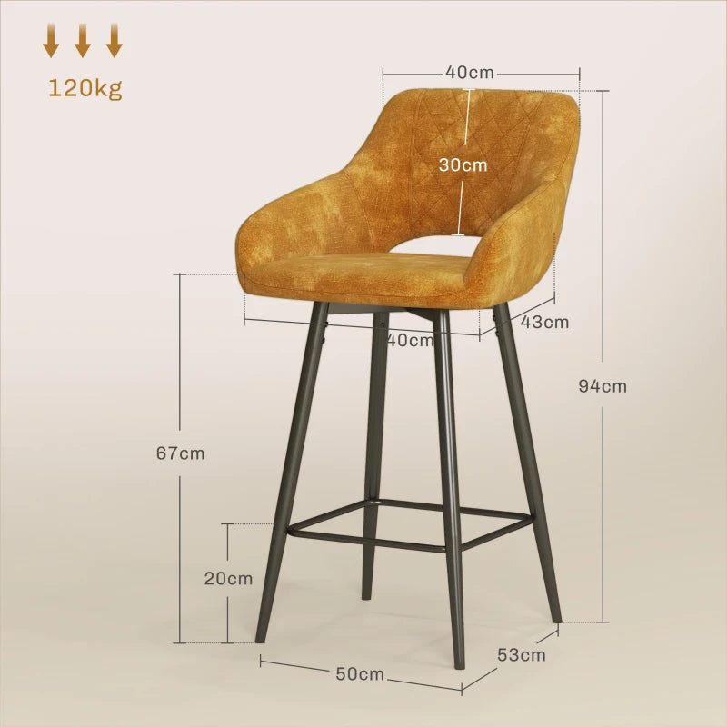 HOMCOM Set of 2 Brown Velvet-Feel Bar Stools - Modern Counter Height Chairs - ALL4U RETAILER LTD