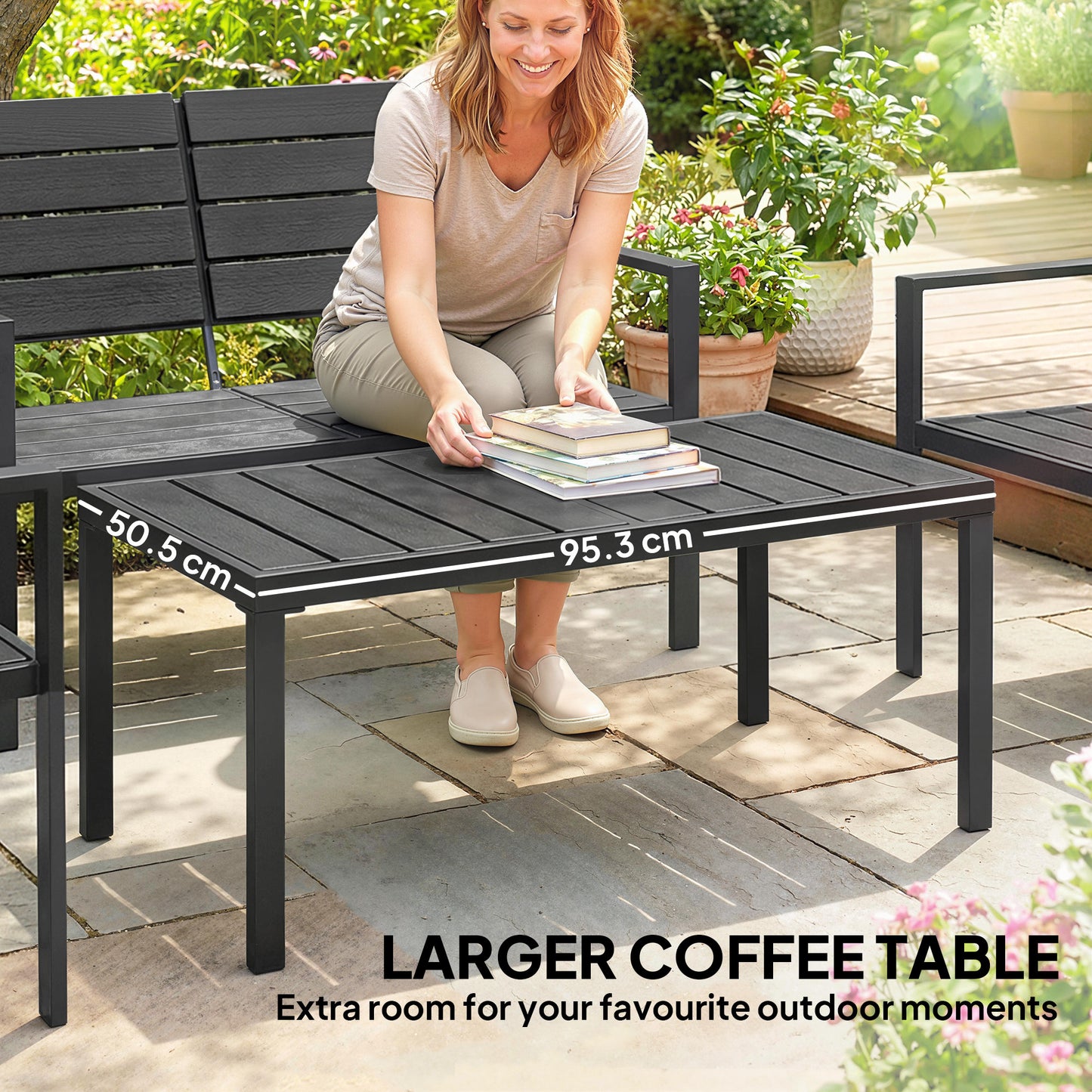 Outsunny 4 Piece Outdoor Garden Furniture Set With HDPE Slats Loveseat Two Armchairs Coffee Table Metal Frame Black