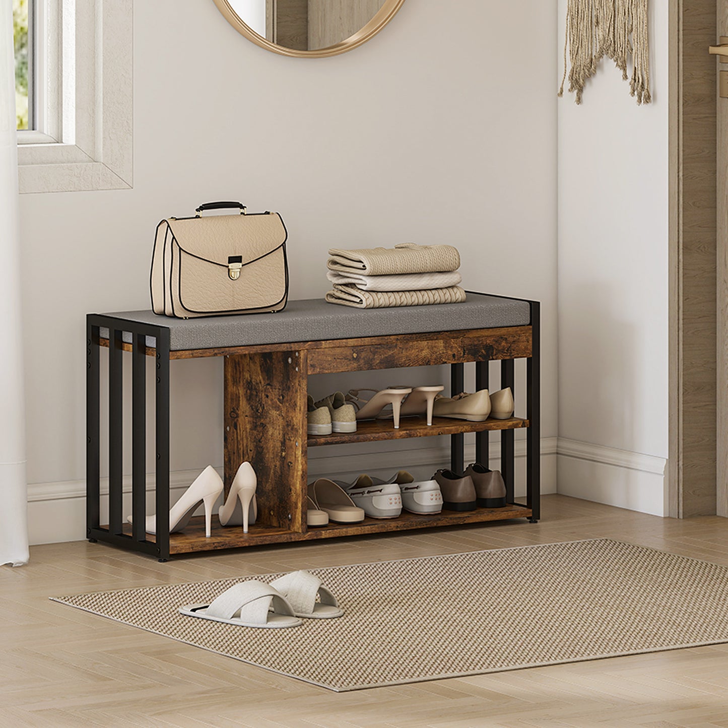 HOMCOM Shoe Storage Bench With Upholstered Seat And Steel Frame Hallway Shoe Organizer With 3 Open Shelves Rustic Brown