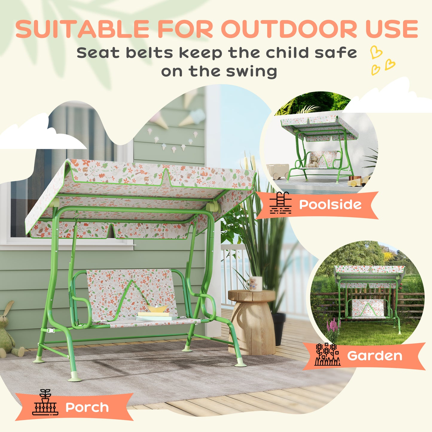 AIYAPLAY 2 Seater Kids Garden Hammock Swing Bench With Adjustable Canopy And Safety Belt For Patio Porch Green