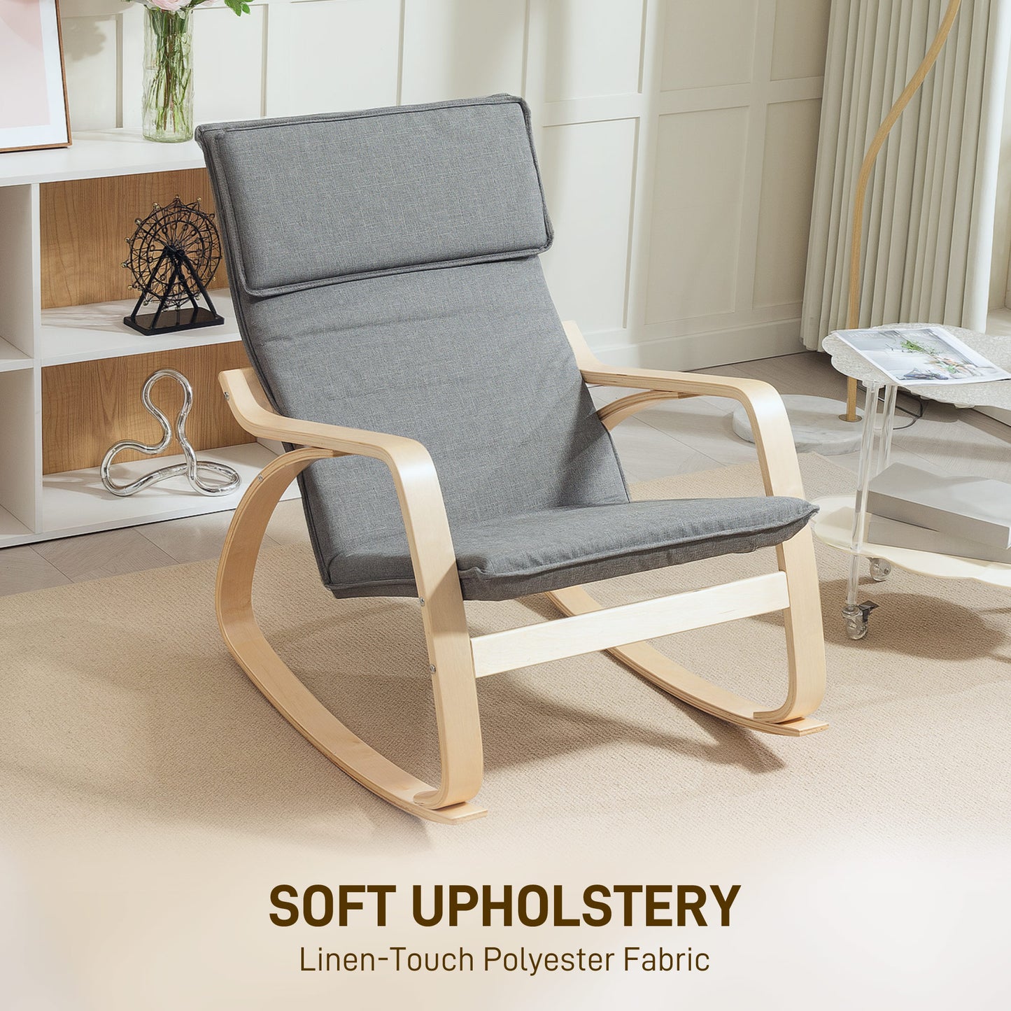 HOMCOM Comfortable Rocking Chair Upholstered Lounge Chair Recliner With High Back And Headrest Grey