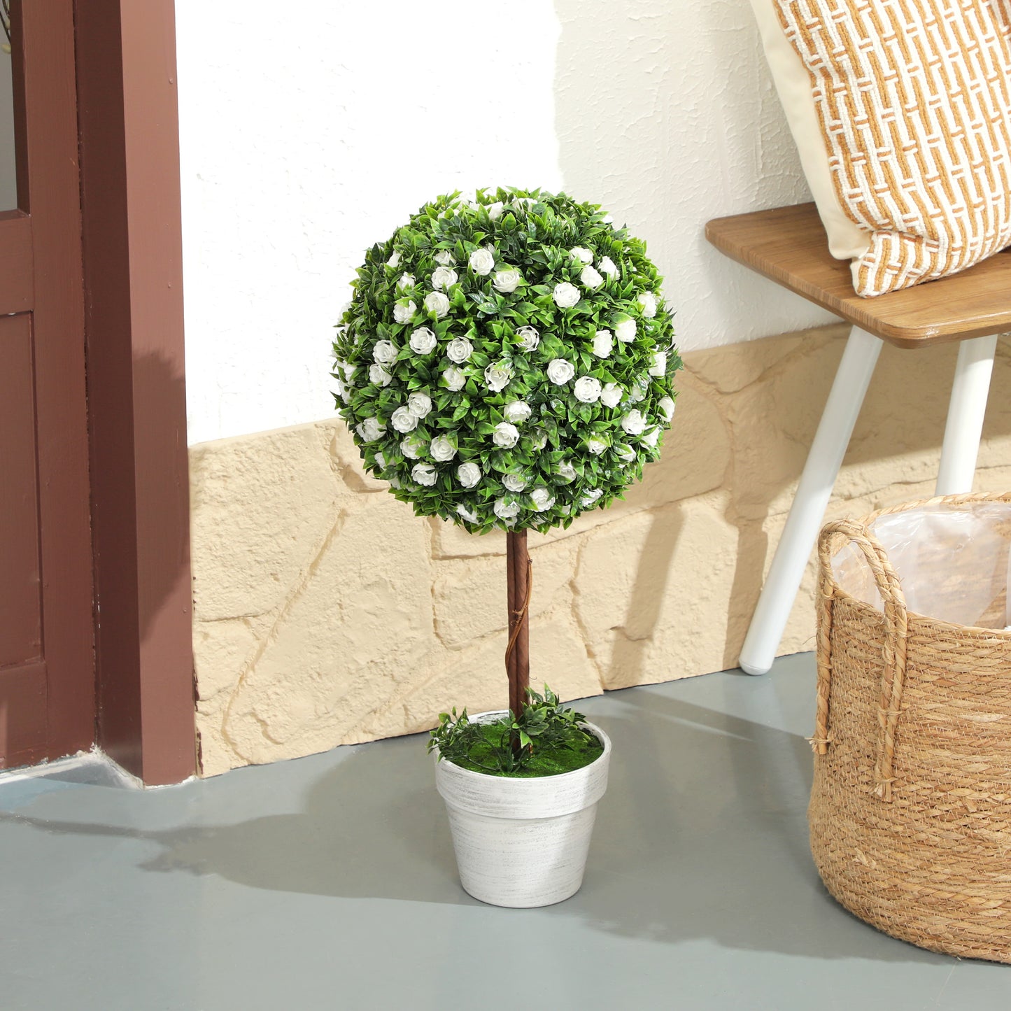HOMCOM Set Of 2 Decorative Artificial Plants Ball Topiary Tree With Rose Flowers In Pot 60cm White UV Resistant