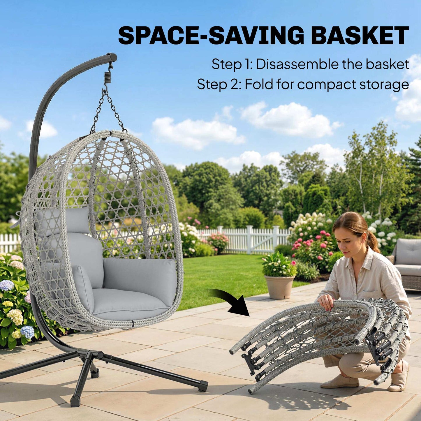 Outsunny Hanging Egg Chair With Stand Indoor Outdoor Rattan Hammock Swing Chair Safety Strap Foldable Basket Light Grey