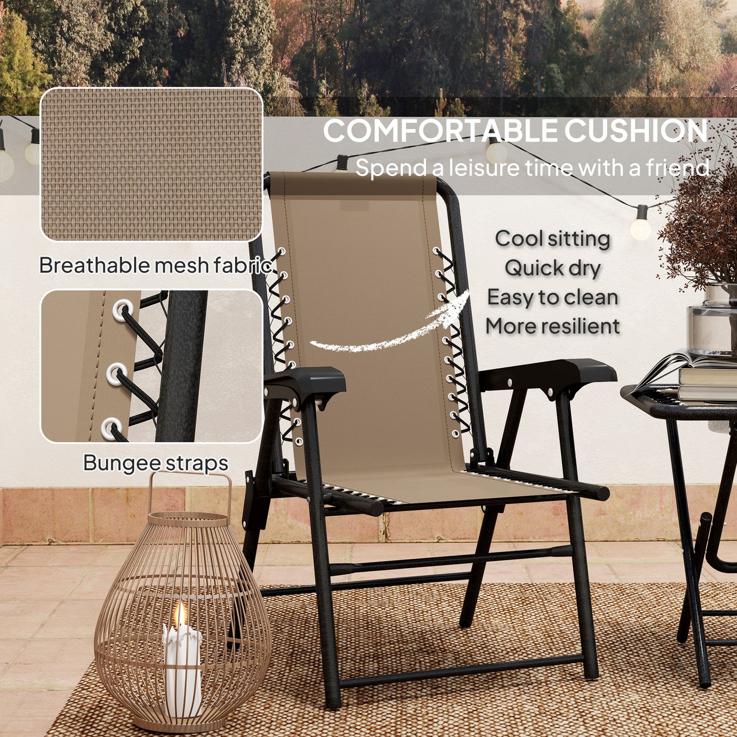 Outsunny Three Piece Garden Table And Chair Set In Khaki With Powder Coated Steel Frame And Textiline Fabric