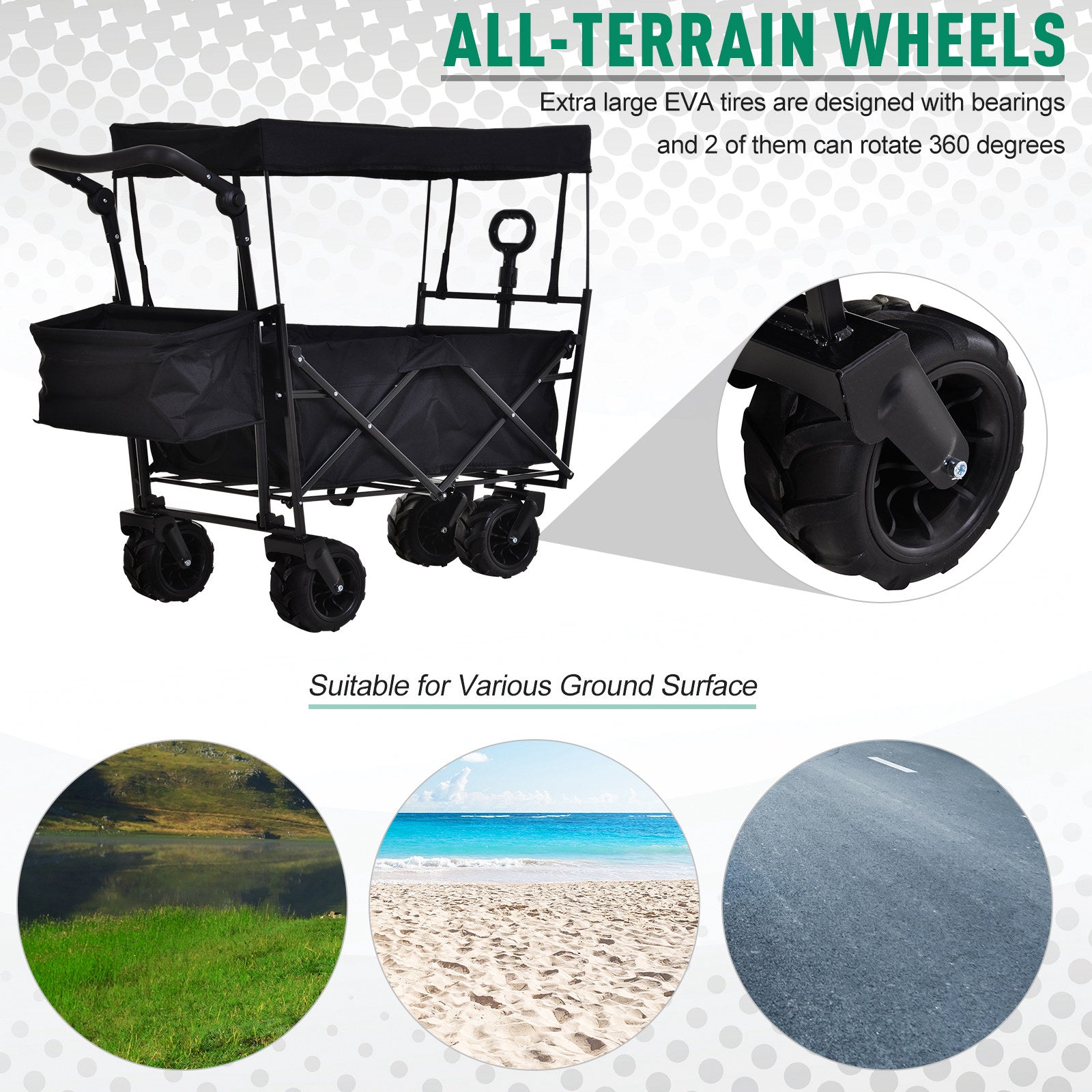 DURHAND Versatile Folding Trolley Cart with Canopy, 4-Wheel Beach and Garden Storage Solution - Black - ALL4U RETAILER LTD