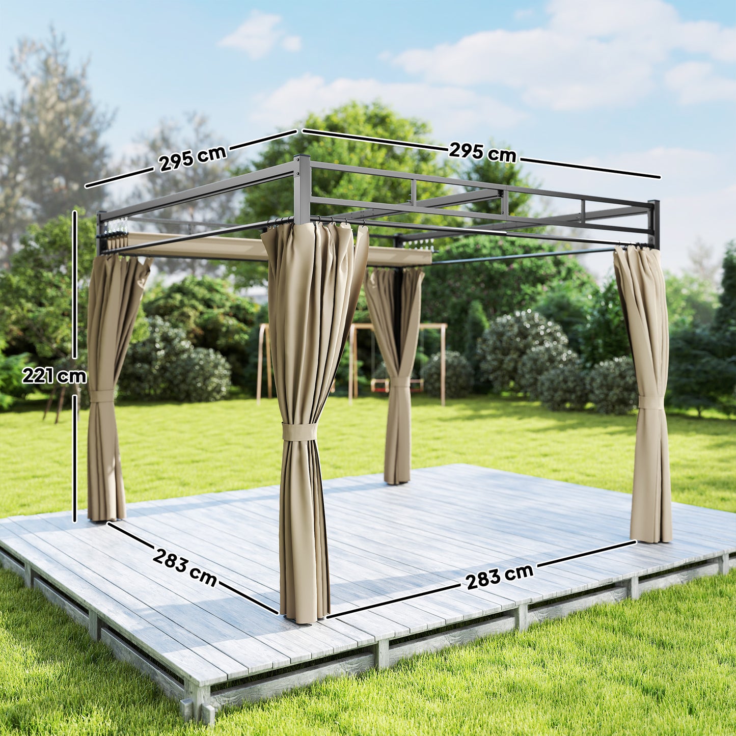 Outsunny 3x3 m Pergola with Retractable Roof Canopy and Curtains UPF30+ Metal Frame Garden Gazebo Sun Shade Khaki