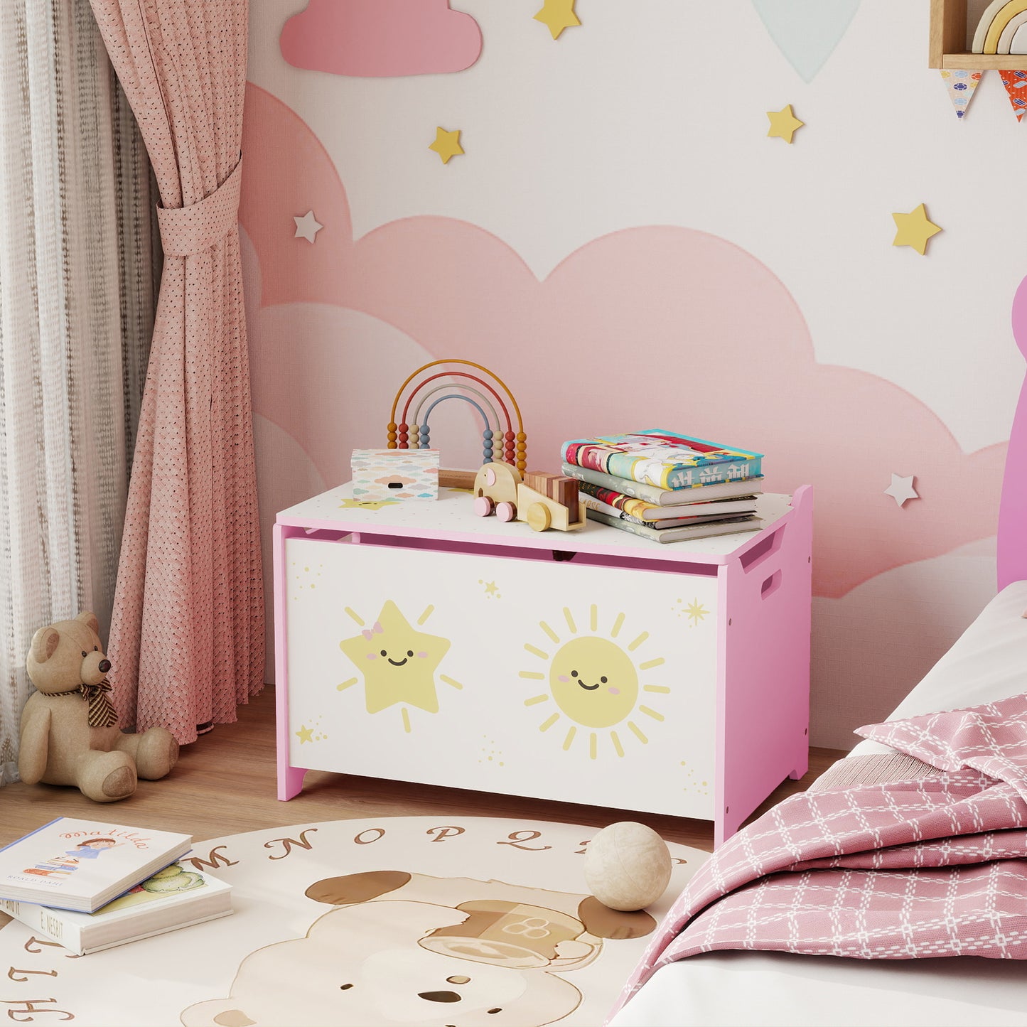 AIYAPLAY Toy Box Lid Safety Hinges Groove Handles Pink Living Room Playroom Storage Organizer For Toys Books Clothes