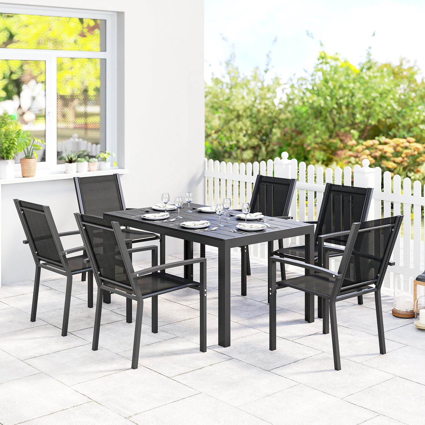 Outsunny Seven Piece Garden Dining Set With Plastic Wood Top Table Six Stackable Chairs Black Outdoor Patio Furniture
